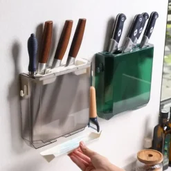 Vægmonteret knivholder ultratynd plastik installationsboks opbevaringsstativ til køkken grå Discount