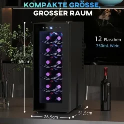 Vinkøler 12 flasker 30 L 8–18 °C, dobbelt termoelektrisk med glasdør og LED, touch, sort Sale