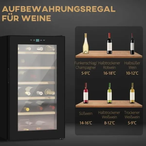 Vinkøleskabe>Vinkøleskab 24 flasker, 5–20 °C, LED, 43×45×75 cm, sort