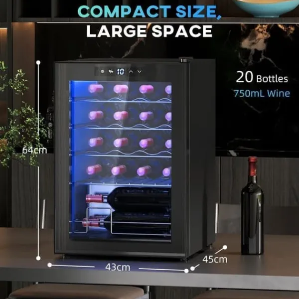 Vinkøleskabe>Vinkøleskab 20 flasker 53 L, 5–18 °C, kompressor, anti-UV glasdør, LED, sort