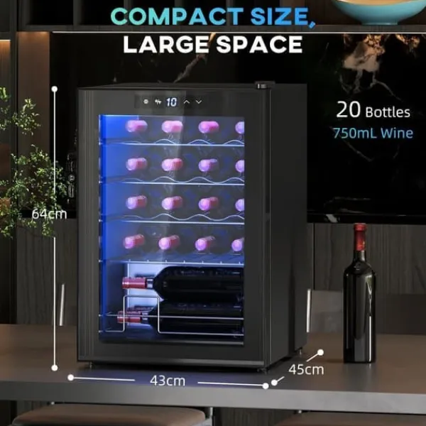 Vinkøleskabe>Vinkøleskab 20 flasker 53 L, 5–18 °C, kompressor, anti-UV glasdør, LED, sort