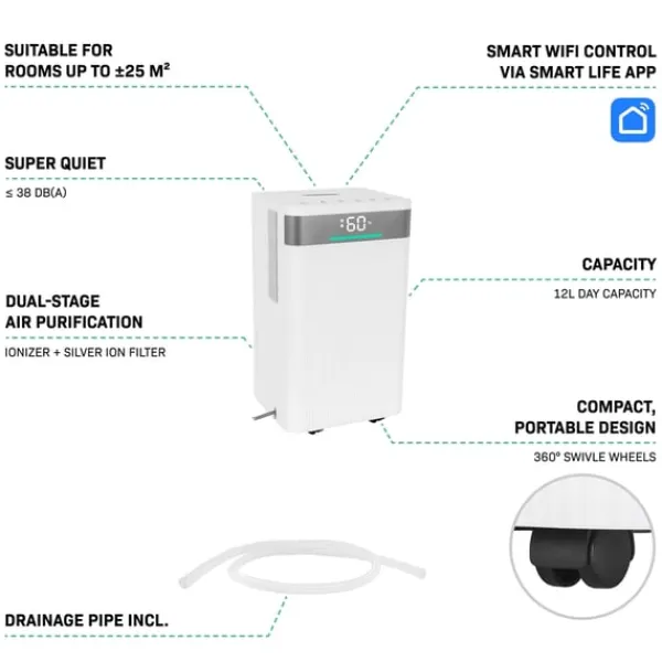 Vonroc Affugter 12L/dag | Til Rum op til 25 m² | Støjsvag & Kraftfuld | WiFi, Ionisator, Sølvionfilter, LED-display, Tørrefunktion & 2L Tank New