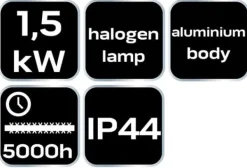 1500W loftvarmer, aluminium, uden fjernbetjening, afbryder, halogenlampevarmeelement, IP44