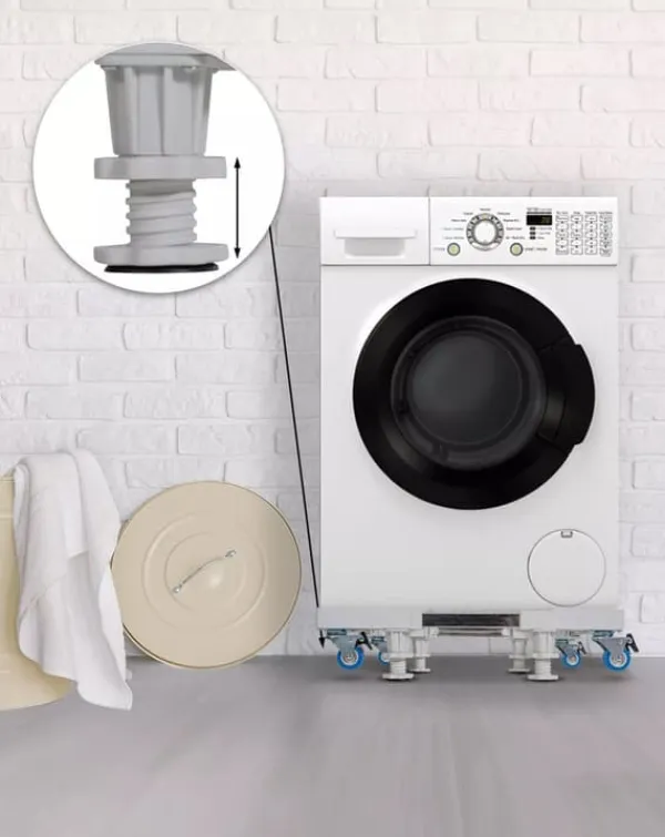 Vaskemaskiner>White Metal Washing Machine Base Stand with Adjustable Height and Casters - Universal Appliance Dolly up to 350kg