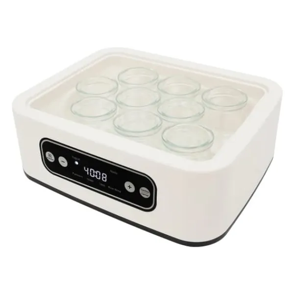 Yogurtmaskiner>Yoghurtmaskine - Elektrisk - 1,6 L - 9 Kopper 100 ml - LED-display - Touch betjening - 20 W 220 V 50 Hz EU-stik - 304 Rustfrit stål/glas - Hvid