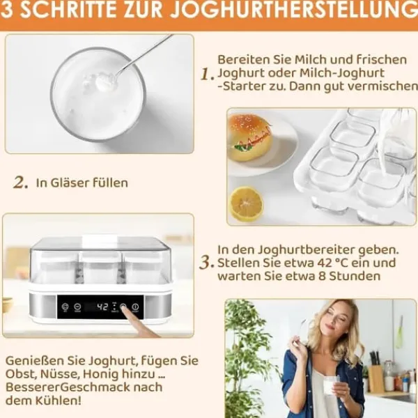 Yogurtmaskiner>Yoghurtmaskine, digital model, temperatur- og tidskontrol, automatisk, 9 glas à 170 ml, sort