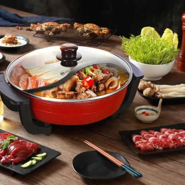 Yuanyang Hot Pot - Elektrisk hotpot-gryde - 6 L - 1300 W - Delt 2 smage - Rustfrit stål - Rød New